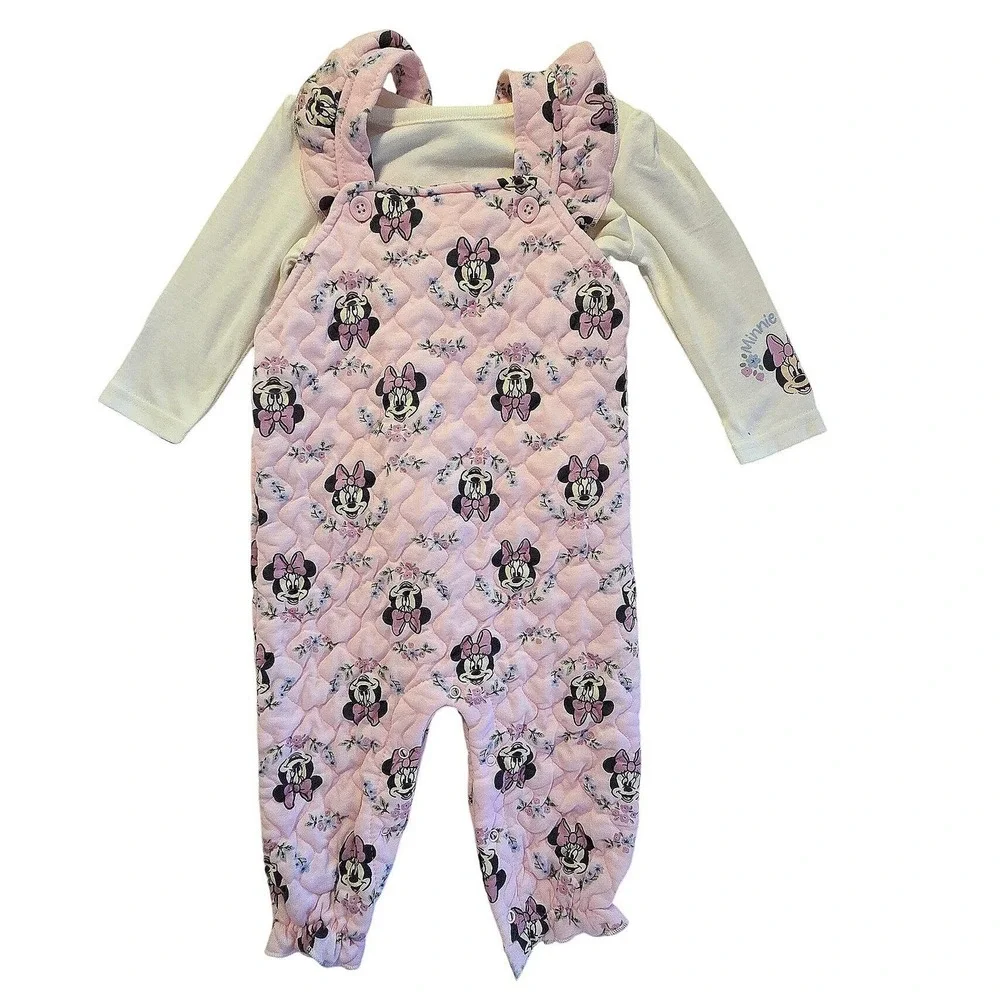 Disney Baby Minnie MouseOutfit Set‎ Pink Quilted Overalls Cotton Shirt 12M